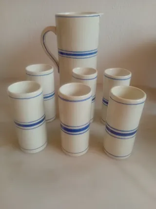 Juego Jarra y 6 Vasos Cerámica Rayas Azules