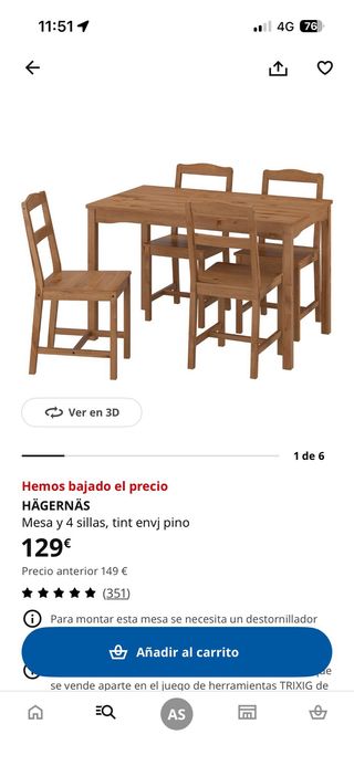 Mesa Comedor Madera Ikea con 4 Sillas con asiento