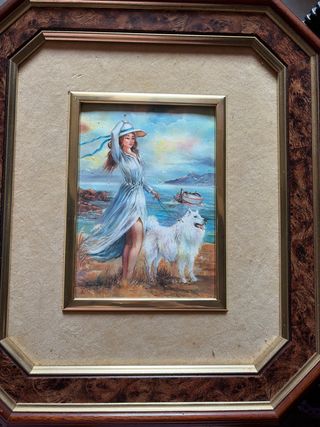 Cuadro mujer y perro en la playa