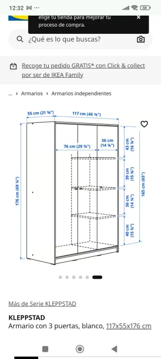 Armario IKEA KLEPPSTAD blanco 3 puertas
