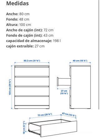 Cómoda Malm con cristal Ikea 4 cajones Blanca
