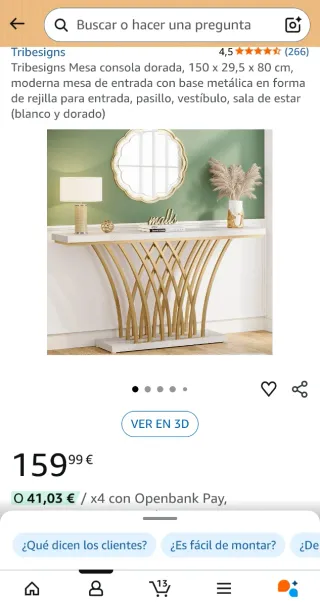 Mesa consola dorada Tribesigns en caja sin abrir