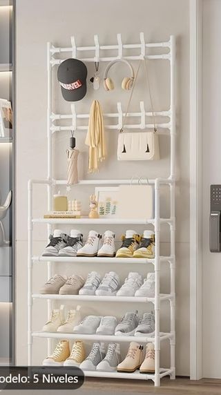 Estantería zapatero con perchero - 5 pisos, Blanca