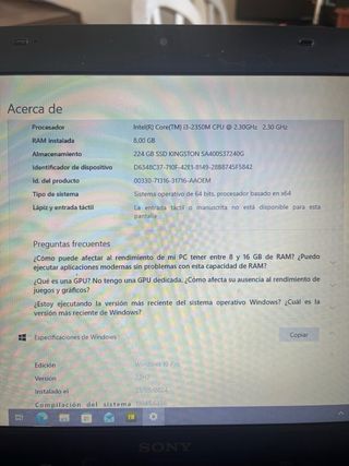 Portátil Sony Vaio i3 8GB RAM Negro