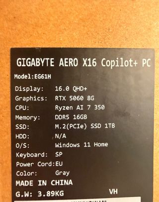 Gigabyte AERO X16 RTX 5060 Ryzen AI 7 1TB 16RAM