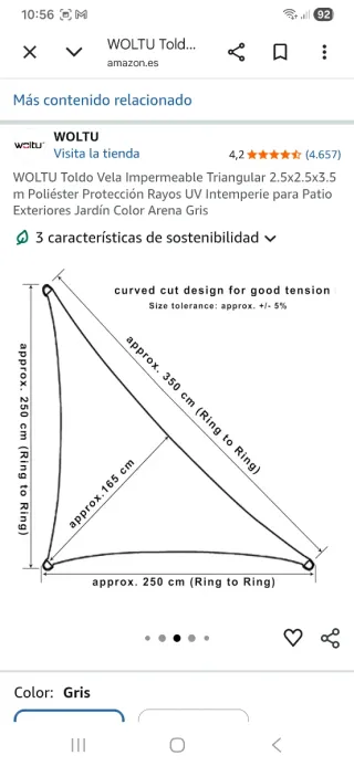 Toldo Vela Triangular Gris WOLTU