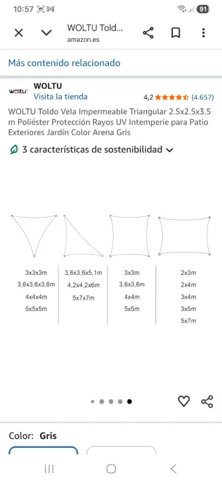 Toldo Vela Triangular Gris WOLTU