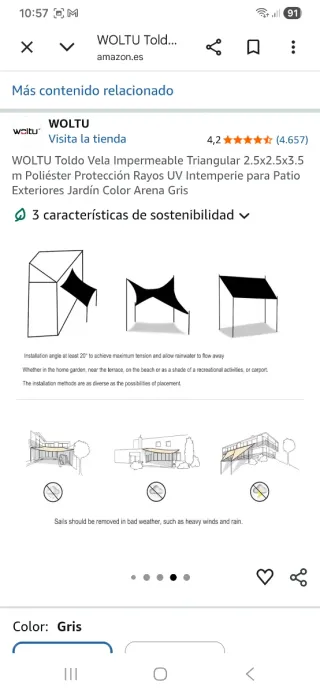 Toldo Vela Triangular Gris WOLTU