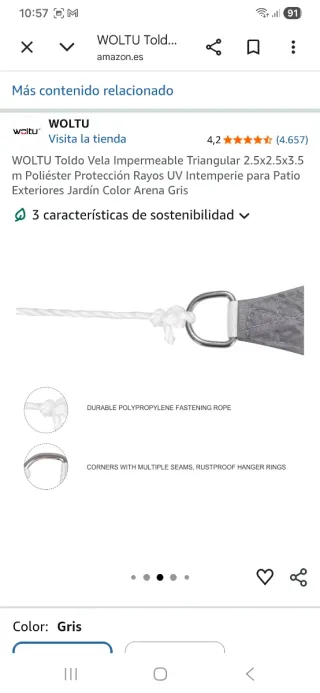 Toldo Vela Triangular Gris WOLTU