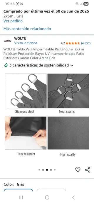 Toldo Vela Triangular Gris WOLTU