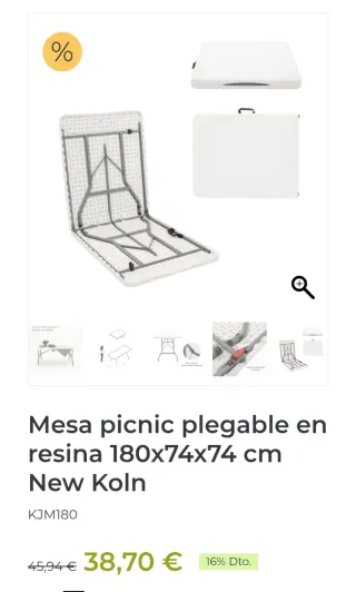 Mesa picnic plegable en resina 180x74x74 cm