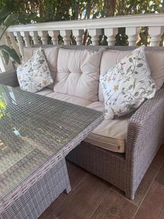 Sofá 3 plazas, mesa 6 personas y 2 sillones