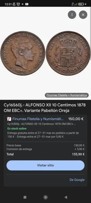 Moneda Alfonso XII 10 Centimos 1878