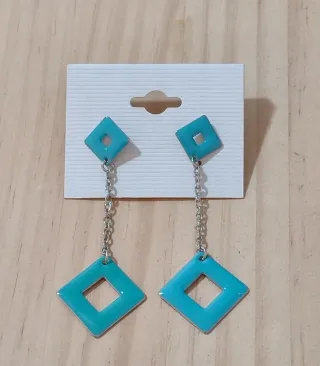 Pendientes largos rombos turquesa y plata