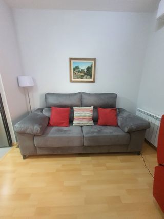 Sofá gris con cojines rojos