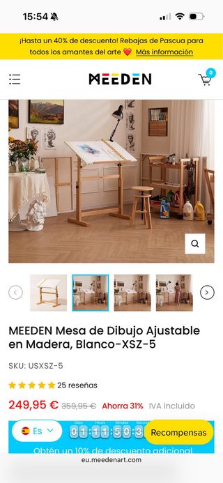 Mesa de dibujo con taburete en madera pino