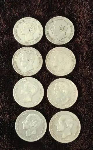 Lote 8 monedas de 5 pesetas de plata