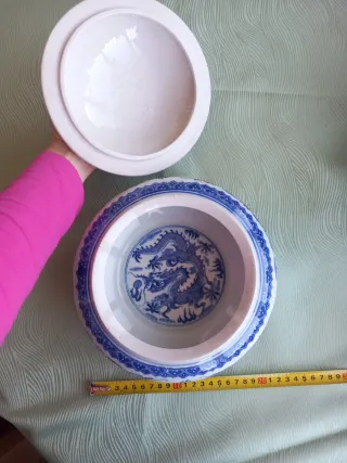 Cuenco porcelana China dragones tapa artesanal