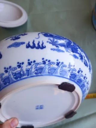 Cuenco porcelana China dragones tapa artesanal
