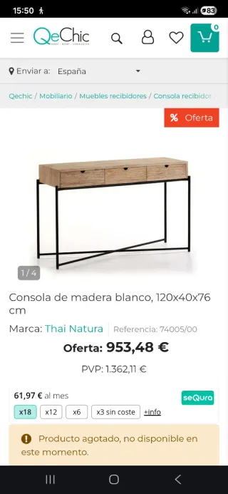 Consola madera blanco 120x40x76 cm