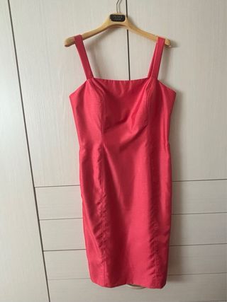 Completo giacca e abito in shantung color corallo