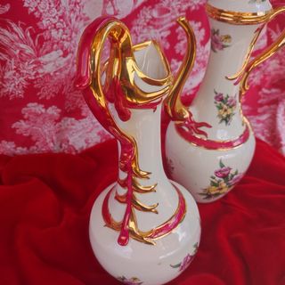 Juego jarrones Porcelana Antigua Flores Doradas