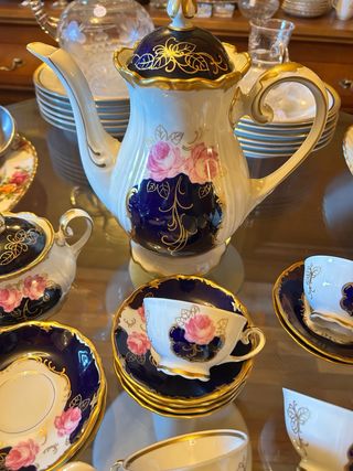 Juego de café Reichenbach porcelana azul y rosa