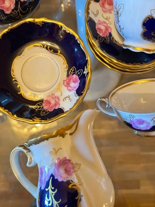 Juego de café Reichenbach porcelana azul y rosa