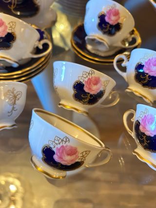 Juego de café Reichenbach porcelana azul y rosa