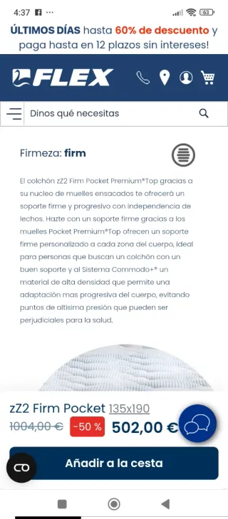 135x190 NUEVO FLEX ZZ2 FIRM POCKET COLCHÓN NUEVO