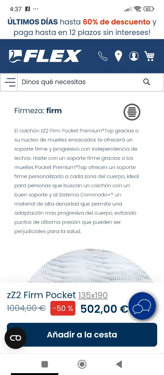 135x190 NUEVO FLEX ZZ2 FIRM POCKET COLCHÓN NUEVO