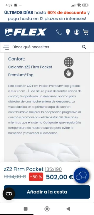 135x190 NUEVO FLEX ZZ2 FIRM POCKET COLCHÓN NUEVO