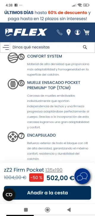 135x190 NUEVO FLEX ZZ2 FIRM POCKET COLCHÓN NUEVO