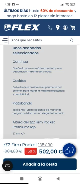 135x190 NUEVO FLEX ZZ2 FIRM POCKET COLCHÓN NUEVO