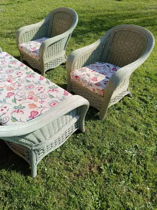 Sofá de mimbre verde con cojines florales