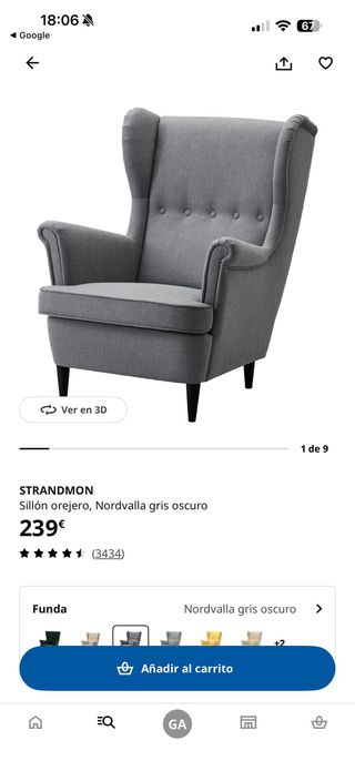 Sillón Orejero Ikea Gris Tela