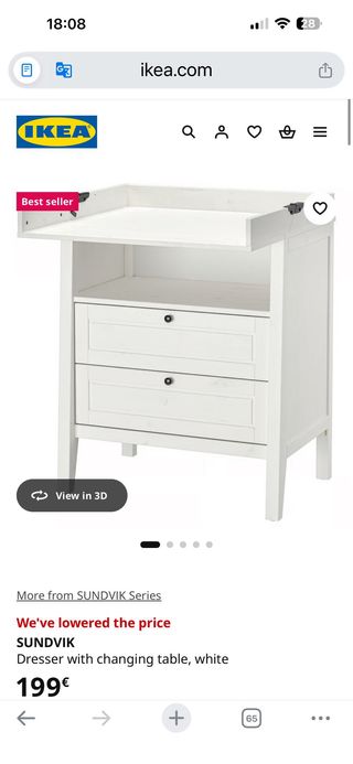 Cambiador IKEA SUNDVIK Blanco con colchon y funda