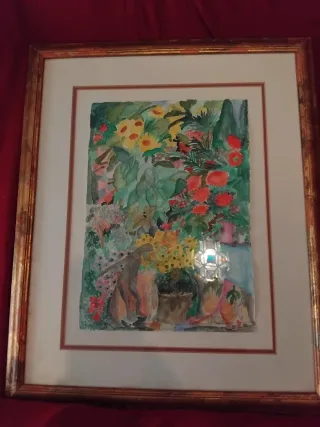 Cuadro acuarela Mujer en Frondoso Jardín.