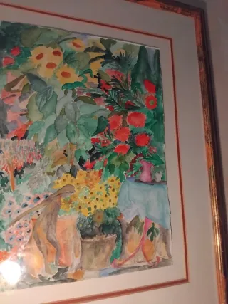 Cuadro acuarela Mujer en Frondoso Jardín.