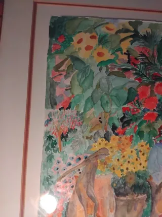 Cuadro acuarela Mujer en Frondoso Jardín.