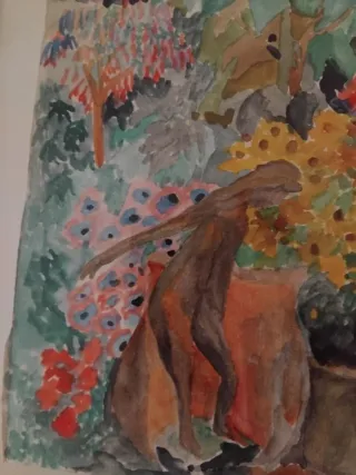 Cuadro acuarela Mujer en Frondoso Jardín.