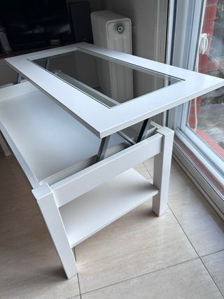 Mesa de centro elevable blanca cristal blindado.