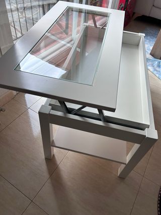 Mesa de centro elevable blanca cristal blindado.