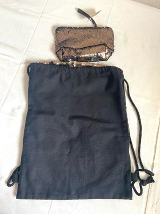 Mochila y neceser lentejuelas oro y negro