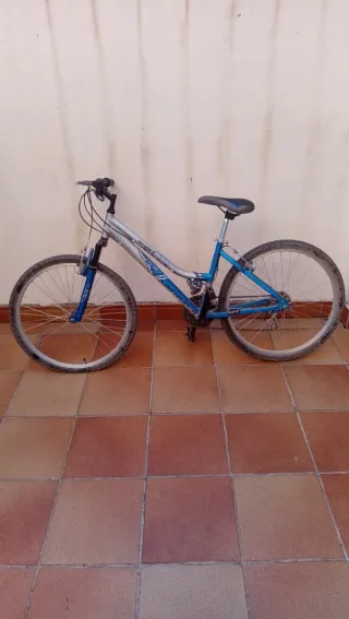Bicicleta de montaña azul y plateada