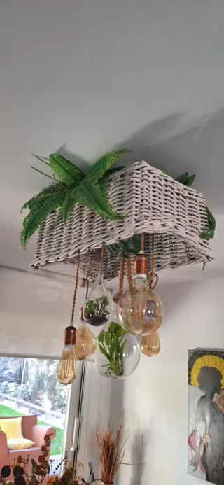 Lámpara Colgante Boho Mimbre y Cristal