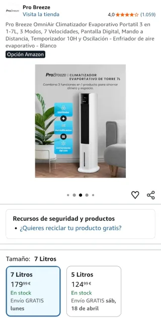Climatizador ProBreeze Ventilador Enfriador Aire