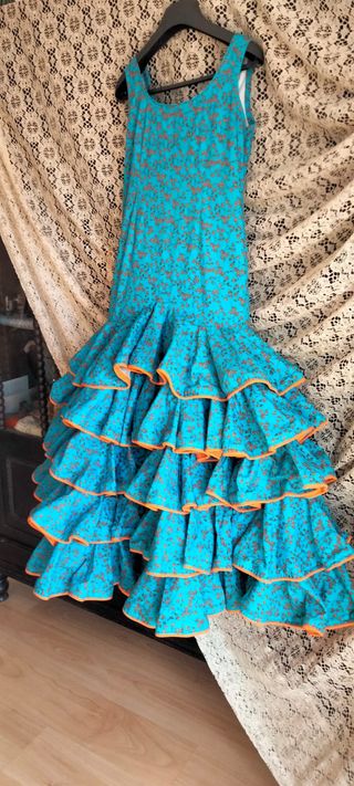 Traje Flamenca Niña Azul/Naranja