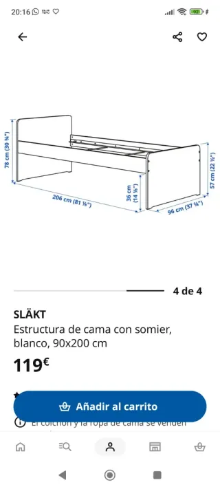 Estructura Cama SLÄKT Ikea Blanca 90x200