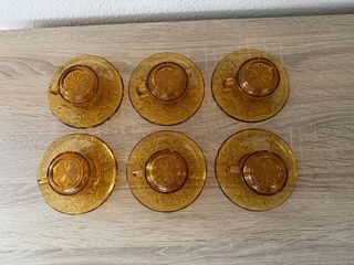 Juego 6 Tazas Café Antiguas Vidrio Ámbar